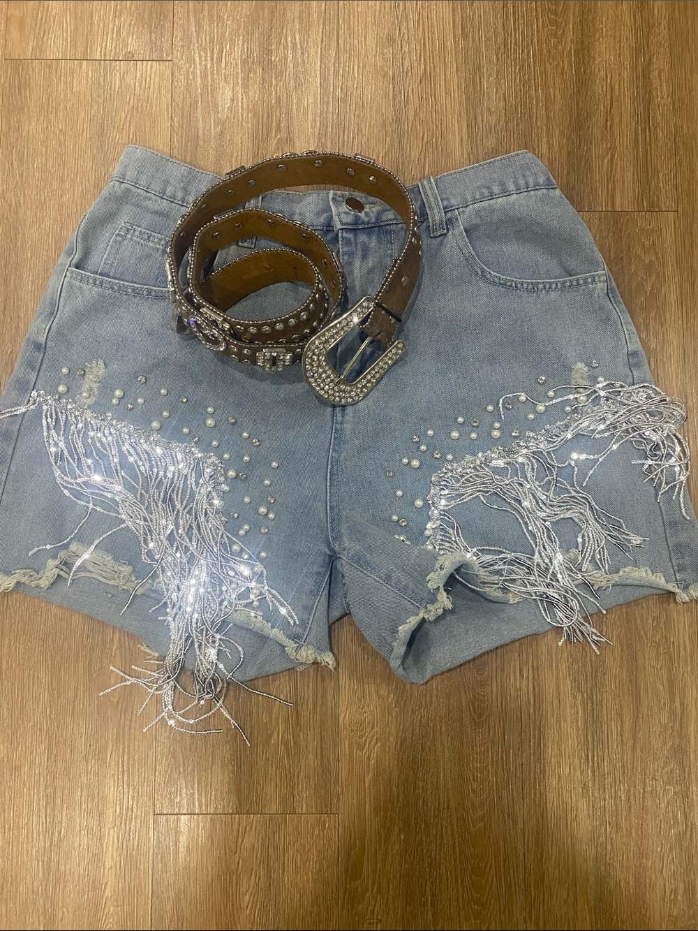 Crystal Fringe Light Wash Denim Cutoff Shorts